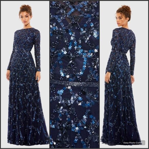 MAC DUGGAL 5496 Navy Embellished Illusion High Neck Long Sleeve A Line Gown - Picture 1 of 15